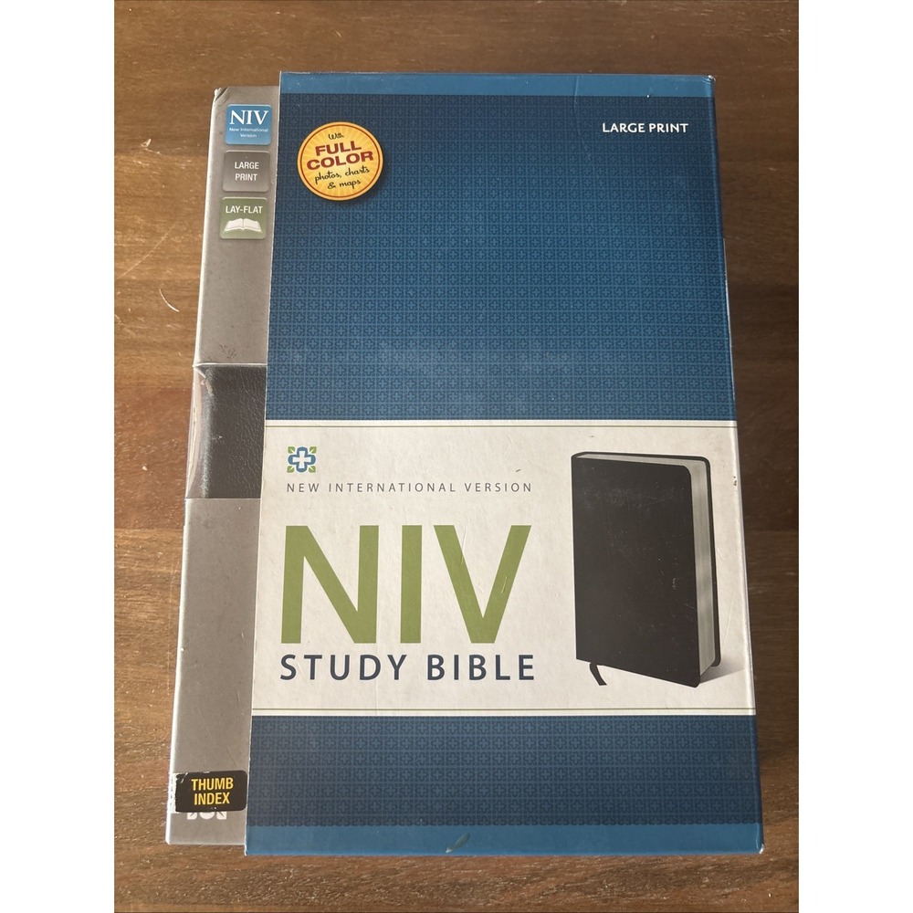 NIV Study Bible Large Print Bonded Leather Black Red Letter Ed. Thumb Index EUC
